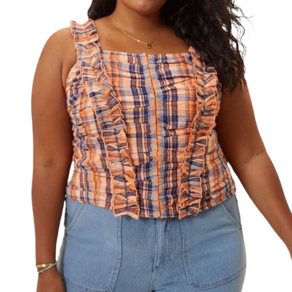 Anthropologie Ruffled Plaid Tank Verb - Pallavi Singhee Orange Motif NWT Size 3X